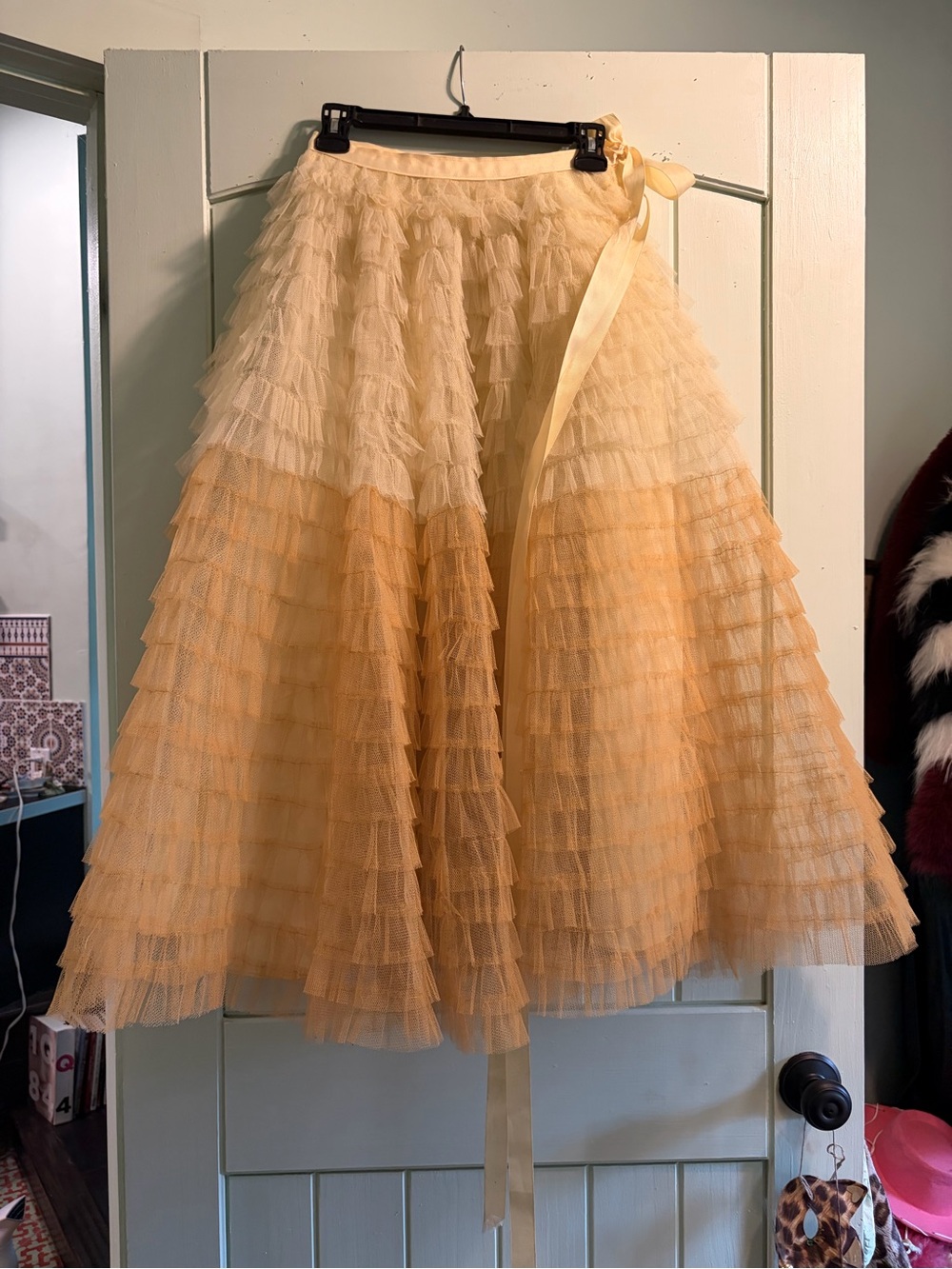 Vintage 1950s Layered Ruffle Tulle A-Line Skirt with Grosgrain Tie Waist